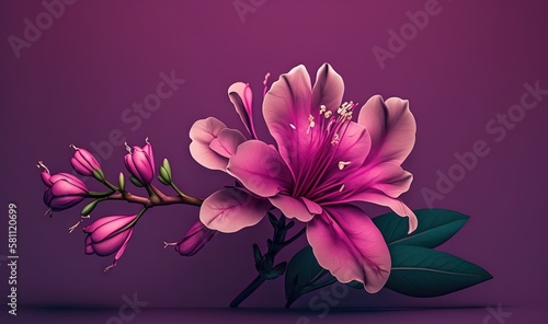  a pink flower with green leaves on a purple background with a purple background with a purple background and a purple background with a pink flower.  generative ai