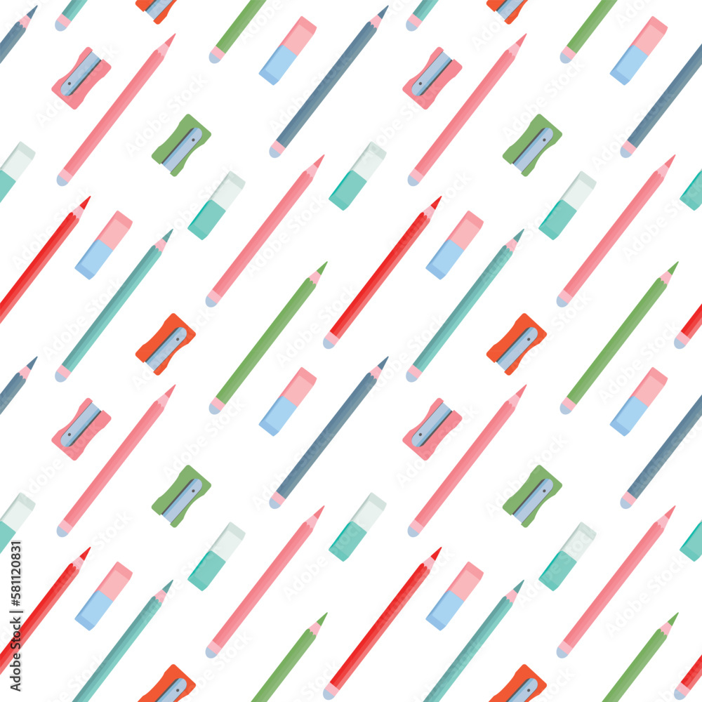 Funny seamless pattern with school supplies and creative elements. Back to school background. Vector illustration Funny seamless pattern with school supplies and creative elements. Back to school background. Vector illustration
