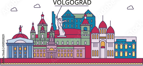 Russia, Volgograd tourism landmarks, vector city travel illustration