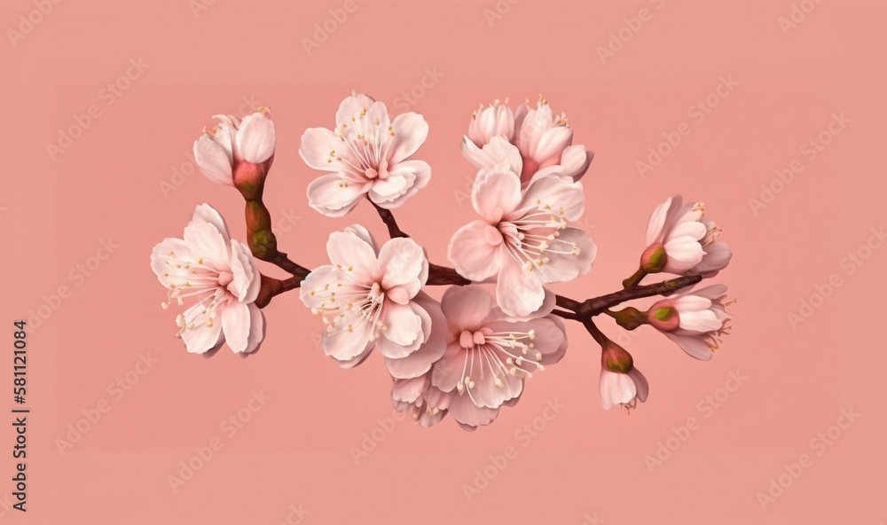  a branch of a cherry tree with pink flowers on a pink background with a place for a text or a picture to put on a card.  generative ai