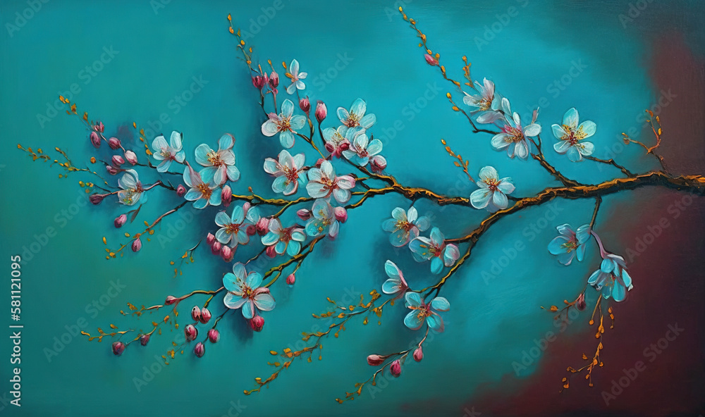  a painting of a branch with pink and blue flowers on a teal blue background with a gold branch with pink and blue flowers on it.  generative ai