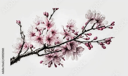  a branch with pink flowers on it against a white background with a black and white photo of a branch with pink flowers on it against a white background.  generative ai © Shanti