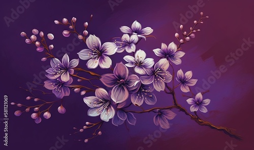  a painting of a branch with purple flowers on a purple background with a dark purple background and a purple background with a purple background and white flower. generative ai