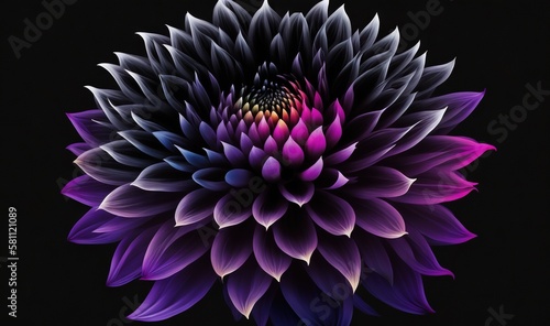  a purple flower with a black background is seen in this image of a large flower with purple petals on it's center and a black background is seen from above. generative ai