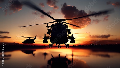 Nighttime Helicopter Silhouette. Generative AI. photo