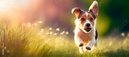 Active happy pet dog puppy running in the grass in summer, web banner with copy space. Generative AI. © GustavsMD
