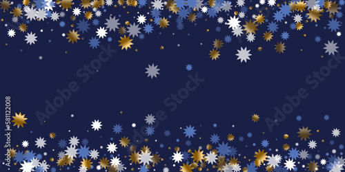 Decorative Christmas star holiday background graphic design. Gold blue white shiny