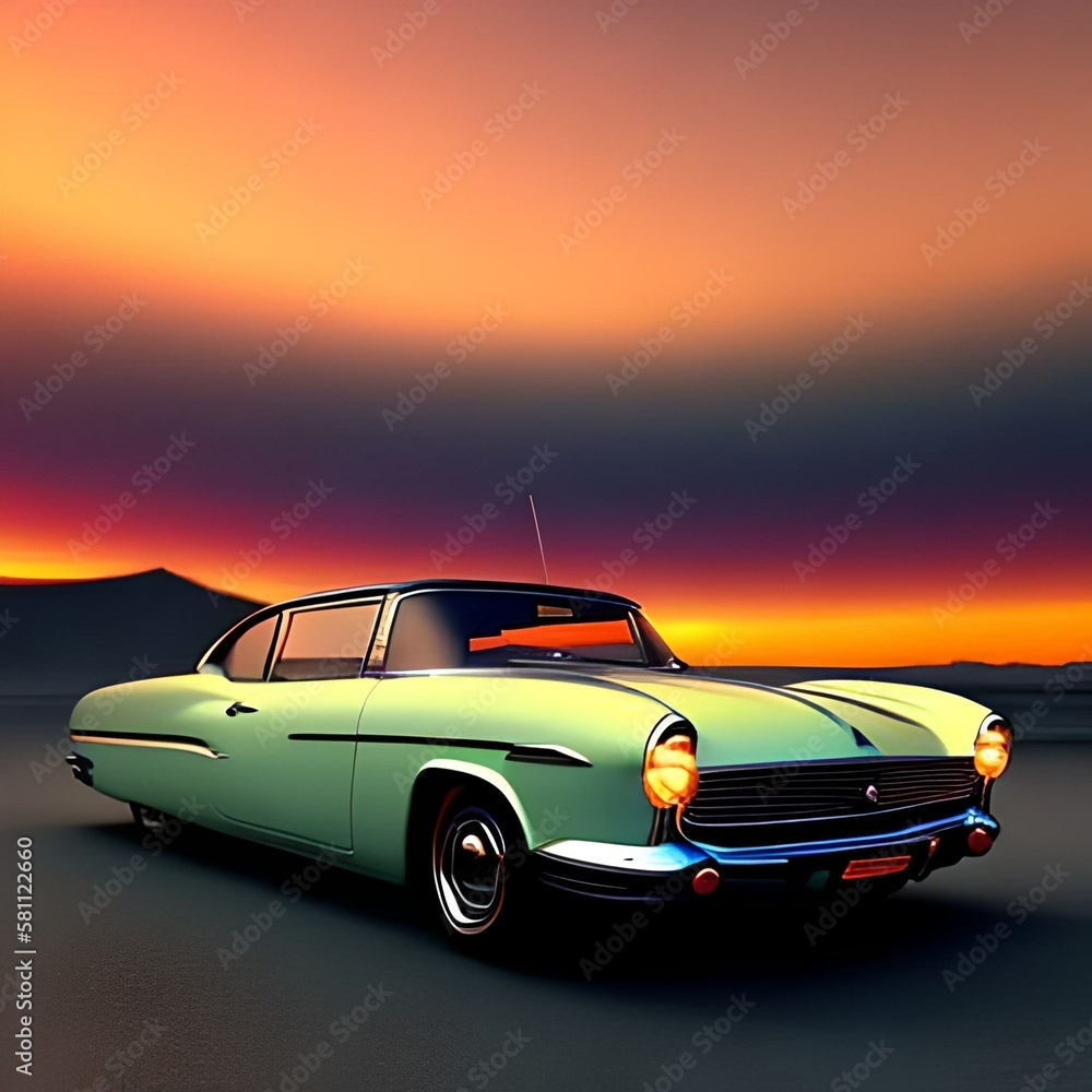 Fototapeta premium A green car is parked on the side of the road