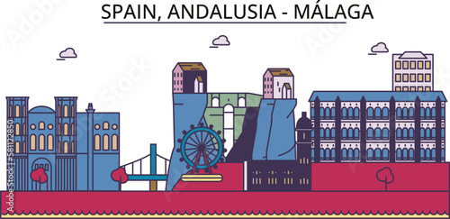 Spain, Malaga tourism landmarks, vector city travel illustration