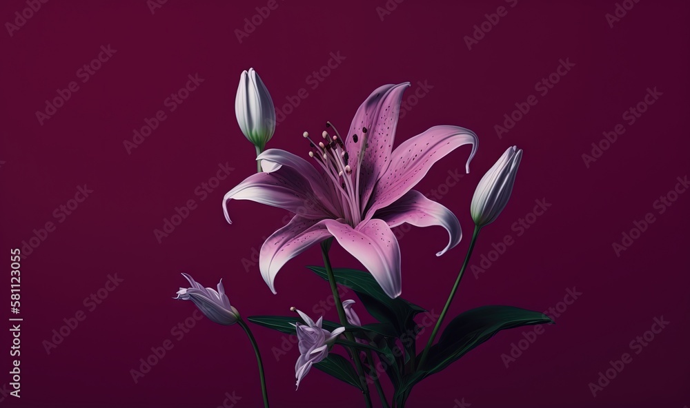  a purple flower is in a vase on a purple background with a black border around the image and a pink background with a white border.  generative ai