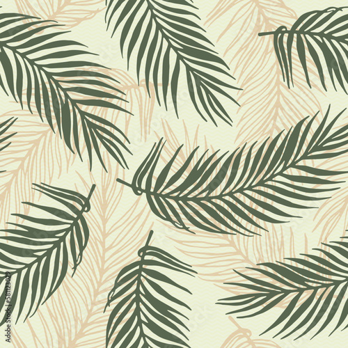 Repeat tropical palm leaves vector pattern. Botanical elements over waves