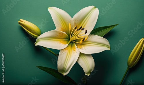  a white flower with yellow stamens on a green background with a green stem and two green leaves on the side of the flower.  generative ai