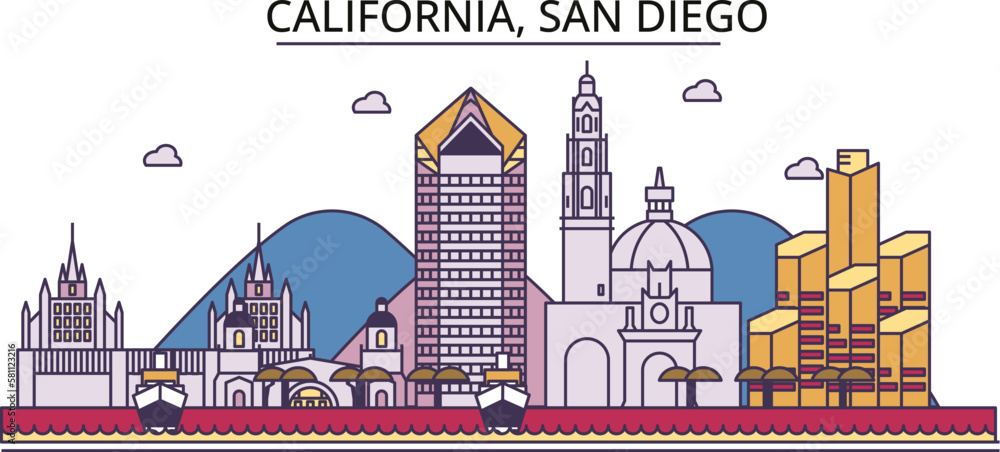 United States, San Diego tourism landmarks, vector city travel illustration