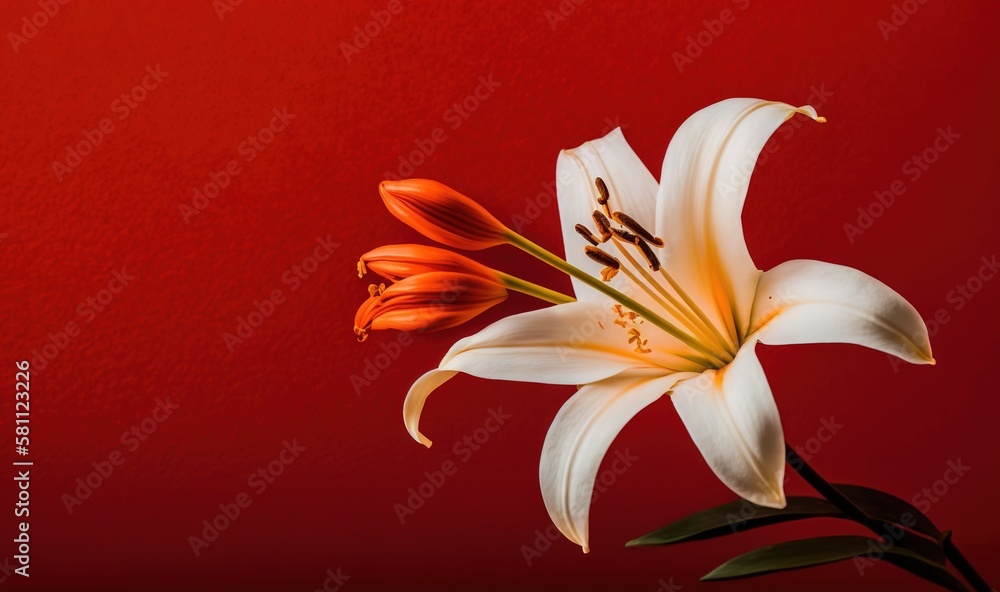 a white and orange flower on a red background with a red wall in the back ground and a red wall in the back ground behind it. generative ai a white and orange flower on a red background with a red wall in the back ground and a red wall in the back ground behind it. generative ai