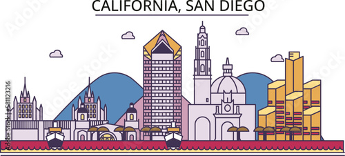 Obraz na płótnie United States, San Diego tourism landmarks, vector city travel illustration w salonie