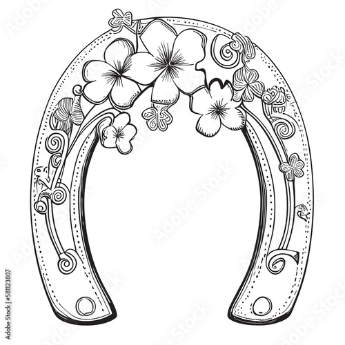 Horseshoe with flowers hand drawn sketch illustration, Symbol of good luck