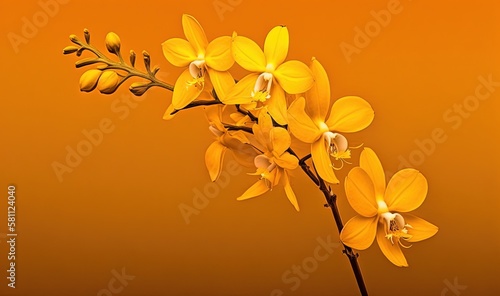  a yellow flower is on a stem against an orange background with a black border around it and the stem has white flowers on it, and a yellow background with a.  generative ai © Shanti