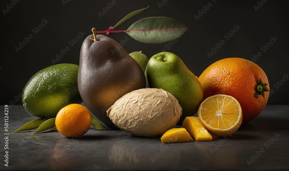  a still life of fruit including oranges, pears, and avocados on a table top with a leaf on it and a black background.  generative ai