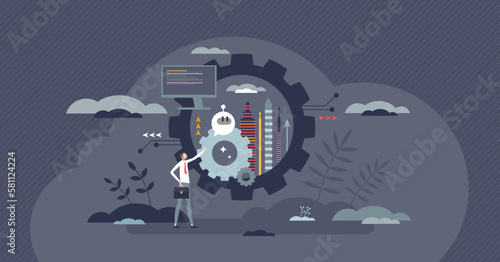 Innovation and technological development solutions tiny person concept. Business automation and digitization for successful and effective future work vector illustration. Modern idea tech invention.