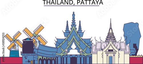 Thailand, Pattaya tourism landmarks, vector city travel illustration