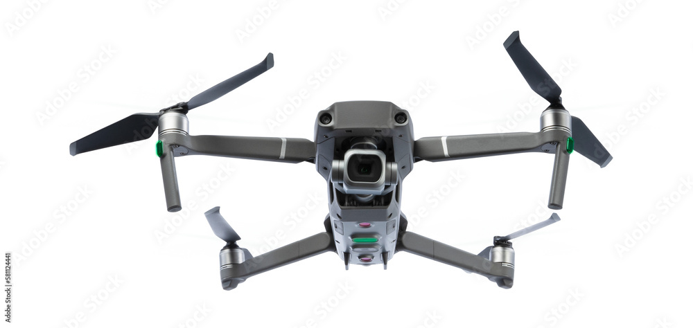 Bottom front view of flying drone with rotating blades isolated on transparency background Bottom front view of flying drone with rotating blades isolated on transparency background