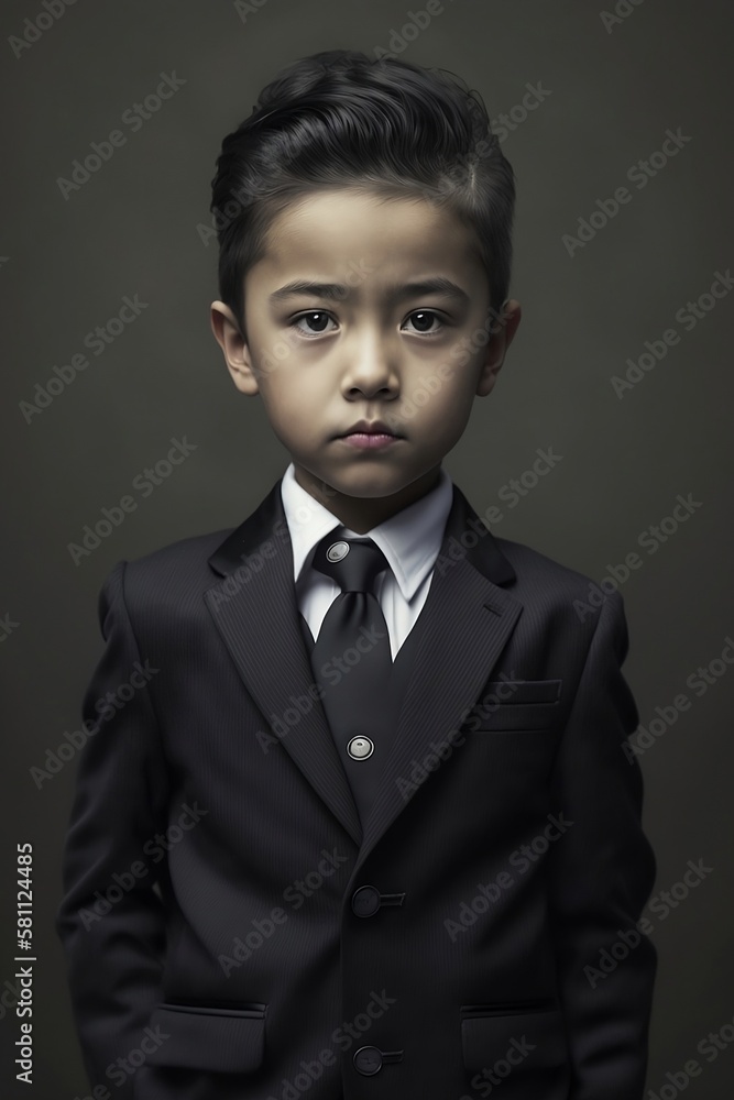 Young Asian Boy Businessman Portrait in a Black Suit. Generative AI Young Asian Boy Businessman Portrait in a Black Suit. Generative AI