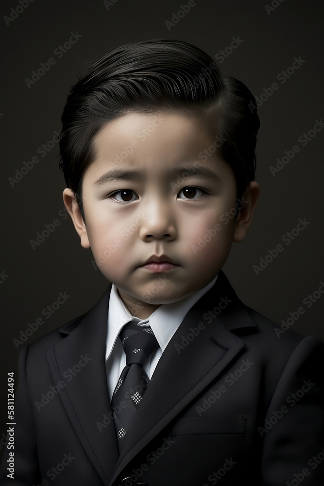 Young Asian Boy Businessman Portrait in a Black Suit. Generative AI Young Asian Boy Businessman Portrait in a Black Suit. Generative AI
