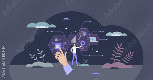Digital transformation and technology usage for process tiny person concept. Change or transform strategy with course to IOT, automation and artificial intelligence vector illustration. Data analytics