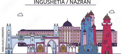 Russia, Magas tourism landmarks, vector city travel illustration