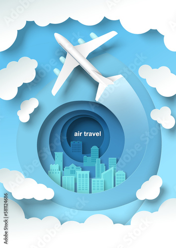 Air travel vector with plane flying over cityscape