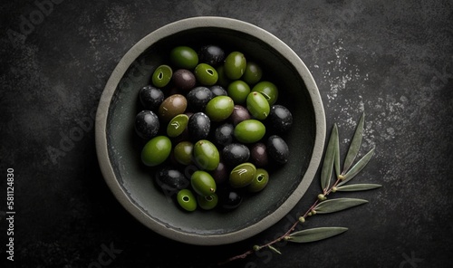  a bowl filled with green and black olives next to a sprig of olives on a dark surface with a sprig of olive leaves. generative ai