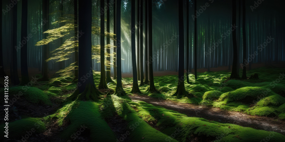 Naklejka premium sous bois humide avec mousse et fougères, forêt sauvage et obscure, végétation dense