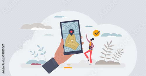 Geofencing as map area boundary for marketing action tiny person concept. GPS satellite navigation usage for smartphone ecommerce system with precise targeting vector illustration. Maps application.