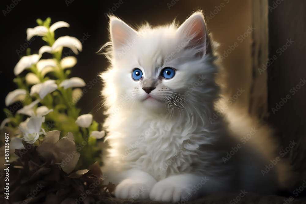 A cute white little cat sitting at window and looking outside. Generative AI