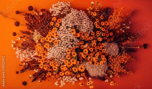  a bunch of flowers that are sitting on a orange surface with a red wall in the backround of the picture and a red wall in the backround.  generative ai © Shanti