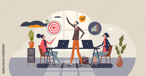 Performance management and business development growth tiny person concept. Efficient and productive work with clear and strong leadership for motivation, and results control vector illustration.
