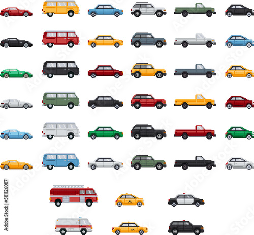 Pixel art cars collection. Different type and colour vehicles. Ambulance, police car, taxi cab and fire truck. Vector illustration.