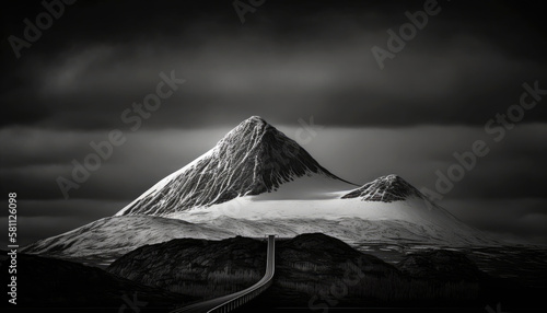 Beautiful road to the mountain in Norway. Scandinavian inspired minimalism. Generative AI