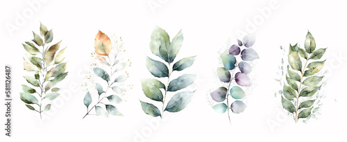 Set of watercolor floral green leaves and branches on white background  ai generated