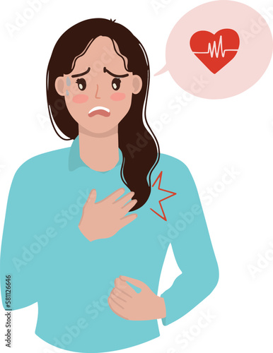 Illustration of woman have early symptoms of heart attack holding heart pain vector