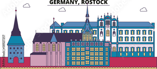 Germany, Rostock tourism landmarks, vector city travel illustration