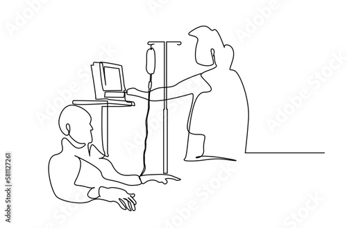 woman Doctor interested in elderly man patient serum hospital nurse control help