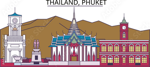 Thailand, Phuket tourism landmarks, vector city travel illustration