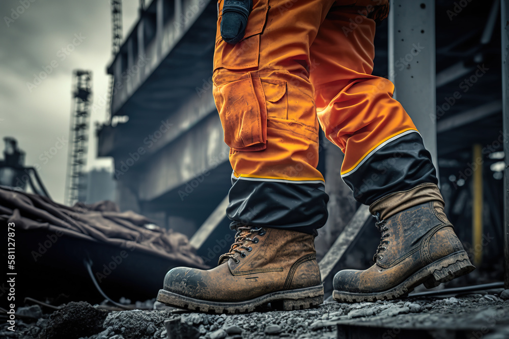 A construction labor worker in fully coverall uniform and safety shoe is standing on background of construction site. Ready to working in industrial unsafe workplace scene. Generative Ai image. A construction labor worker in fully coverall uniform and safety shoe is standing on background of construction site. Ready to working in industrial unsafe workplace scene. Generative Ai image.