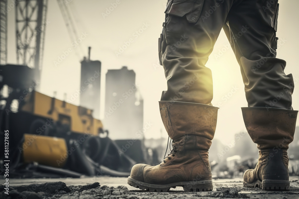 A construction labor worker in fully coverall uniform and safety shoe is standing on background of construction site. Ready to working in industrial unsafe workplace scene. Generative Ai image. A construction labor worker in fully coverall uniform and safety shoe is standing on background of construction site. Ready to working in industrial unsafe workplace scene. Generative Ai image.