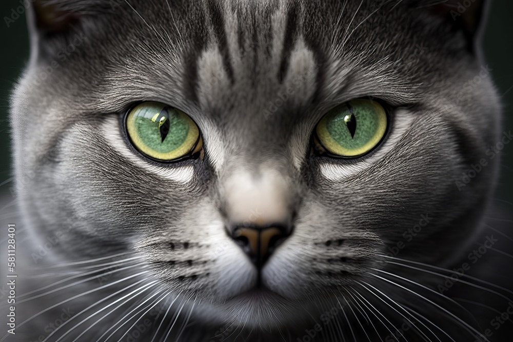 close up of a gray cat with green eyes as digital illustration (Generative AI)