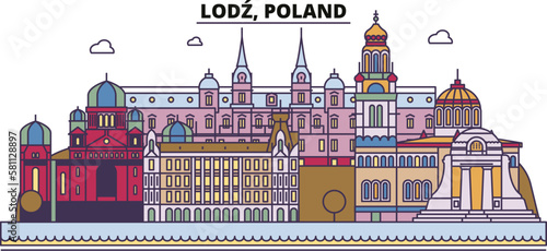 Poland, Lodz tourism landmarks, vector city travel illustration