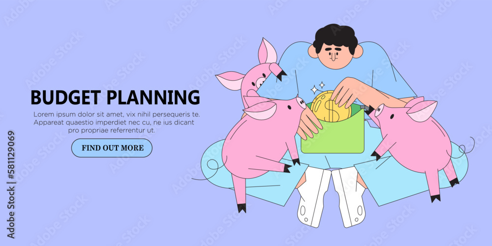 Man have problem with budget planning, money managment and savings. Character collect and putt coin in one of piggy bank. Trendy illustration for web banner, mobile app, advertisement or article.