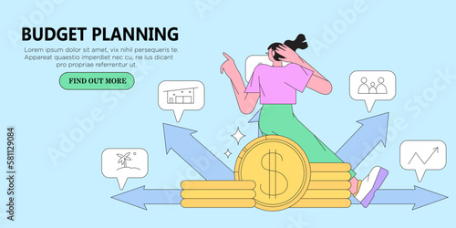 Woman have problem with budget planning, money managment and savings. Character decide how to spend money. Trendy illustration for web banner, mobile app, advertisement or article.