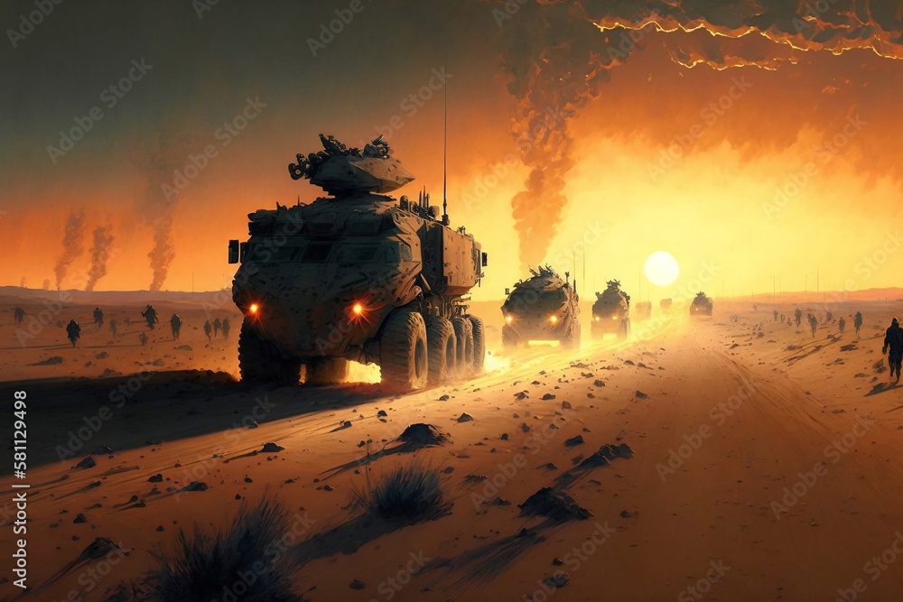 Military patrol car on sunset background. Army war concept, generative ...